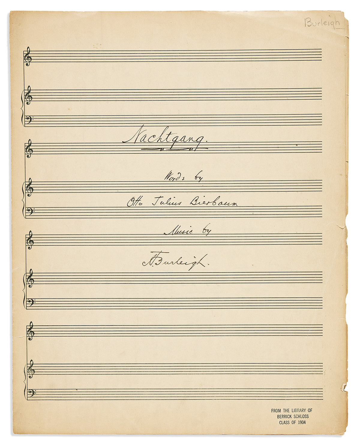 (ENTERTAINMENT--MUSIC.) Harry Burleigh. Manuscript of his original composition Nachtgang.